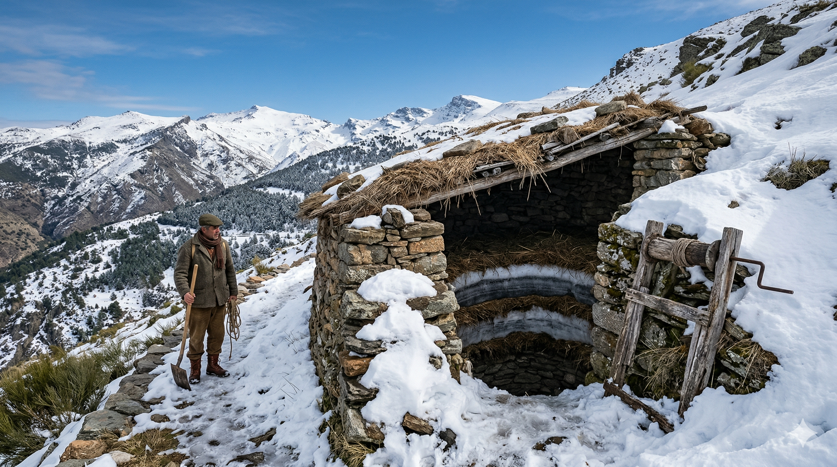 Pozo de nieve antiguo en montaña nevada española