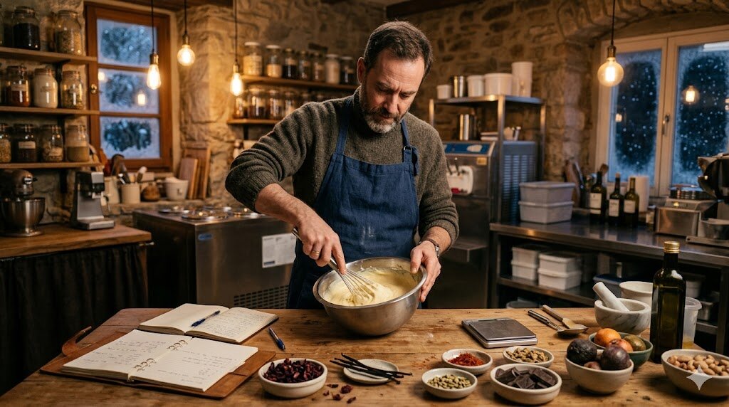 Heladero artesano probando nuevas recetas en su taller durante invierno
