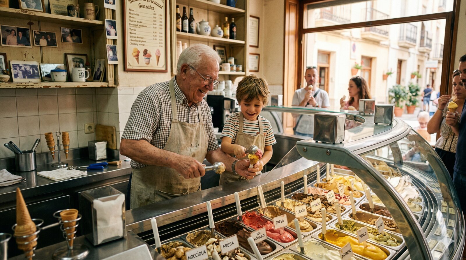 Heladeria artesanal tradicional con vitrina de helados